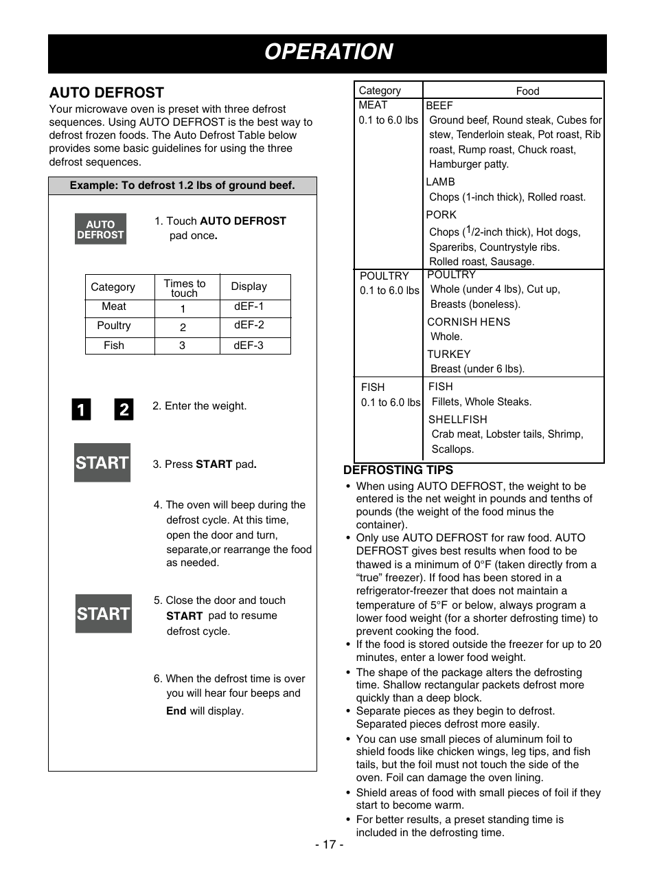Operation, Auto defrost | LG MV1610WW User Manual | Page 17 / 28