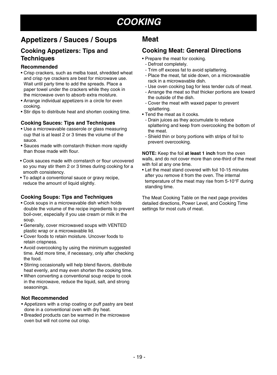 Cooking, Appetizers / sauces / soups, Meat | Cooking appetizers: tips and techniques, Cooking meat: general directions | LG MV1610WW User Manual | Page 19 / 28