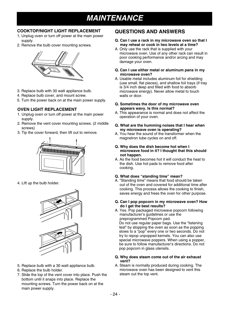 Maintenance, Questions and answers | LG MV1610WW User Manual | Page 24 / 28