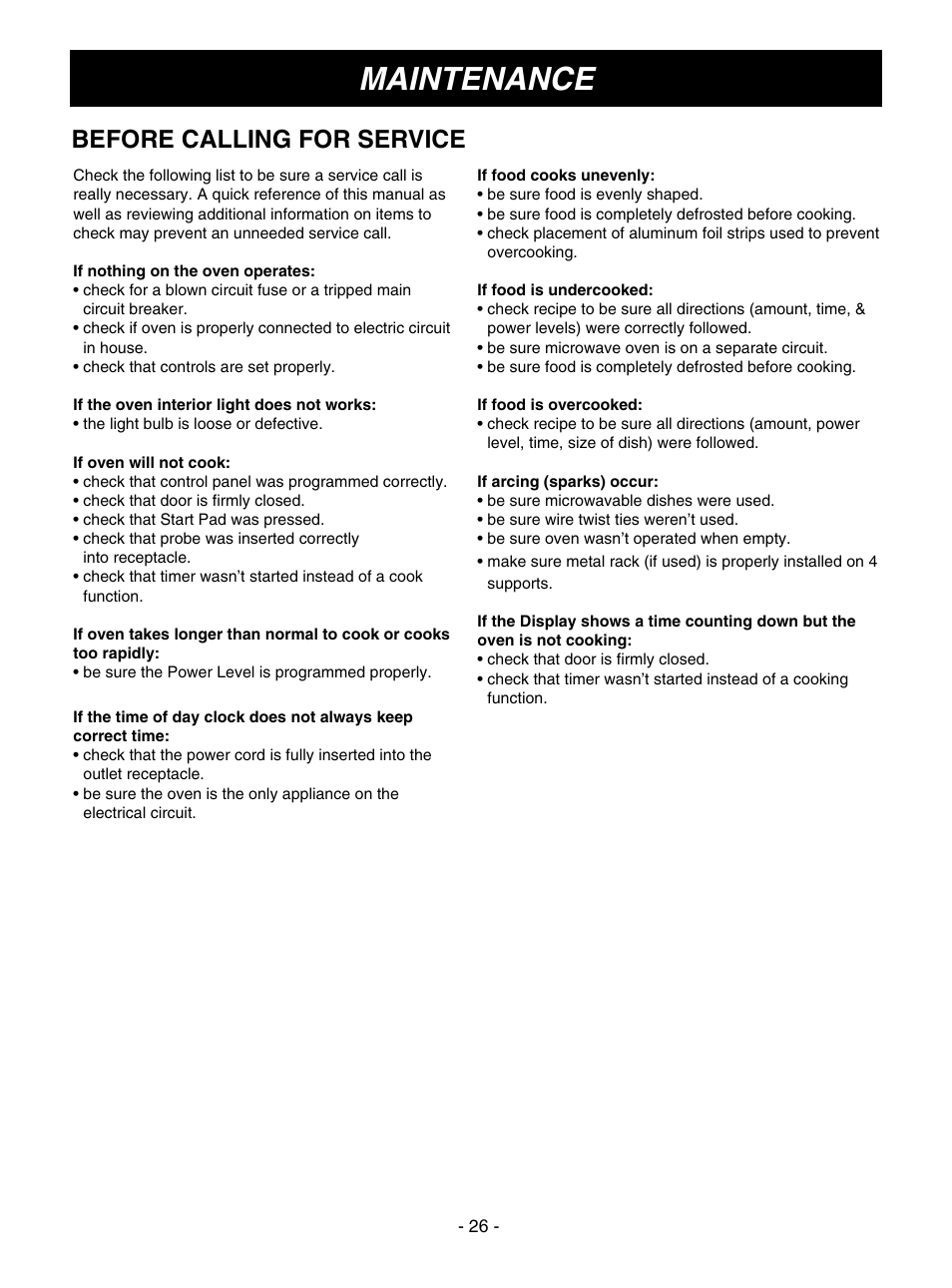 Maintenance, Before calling for service | LG MV1610WW User Manual | Page 26 / 28