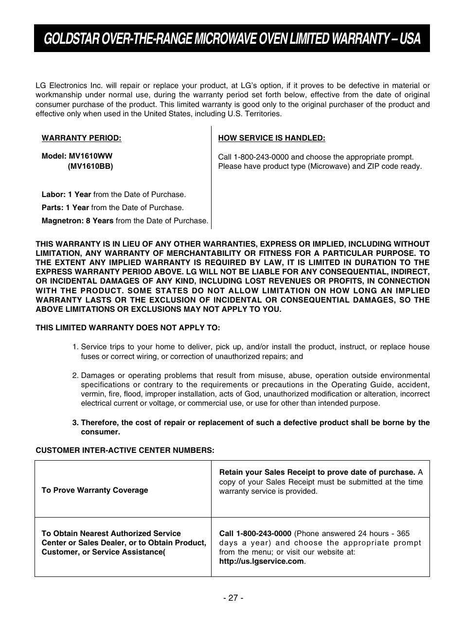 LG MV1610WW User Manual | Page 27 / 28