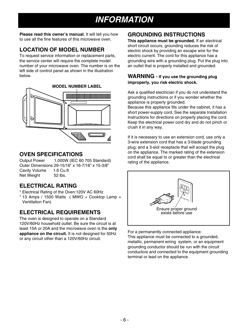 Information, Location of model number, Oven specifications | Electrical rating, Electrical requirements, Grounding instructions, Warning | LG MV1610WW User Manual | Page 6 / 28