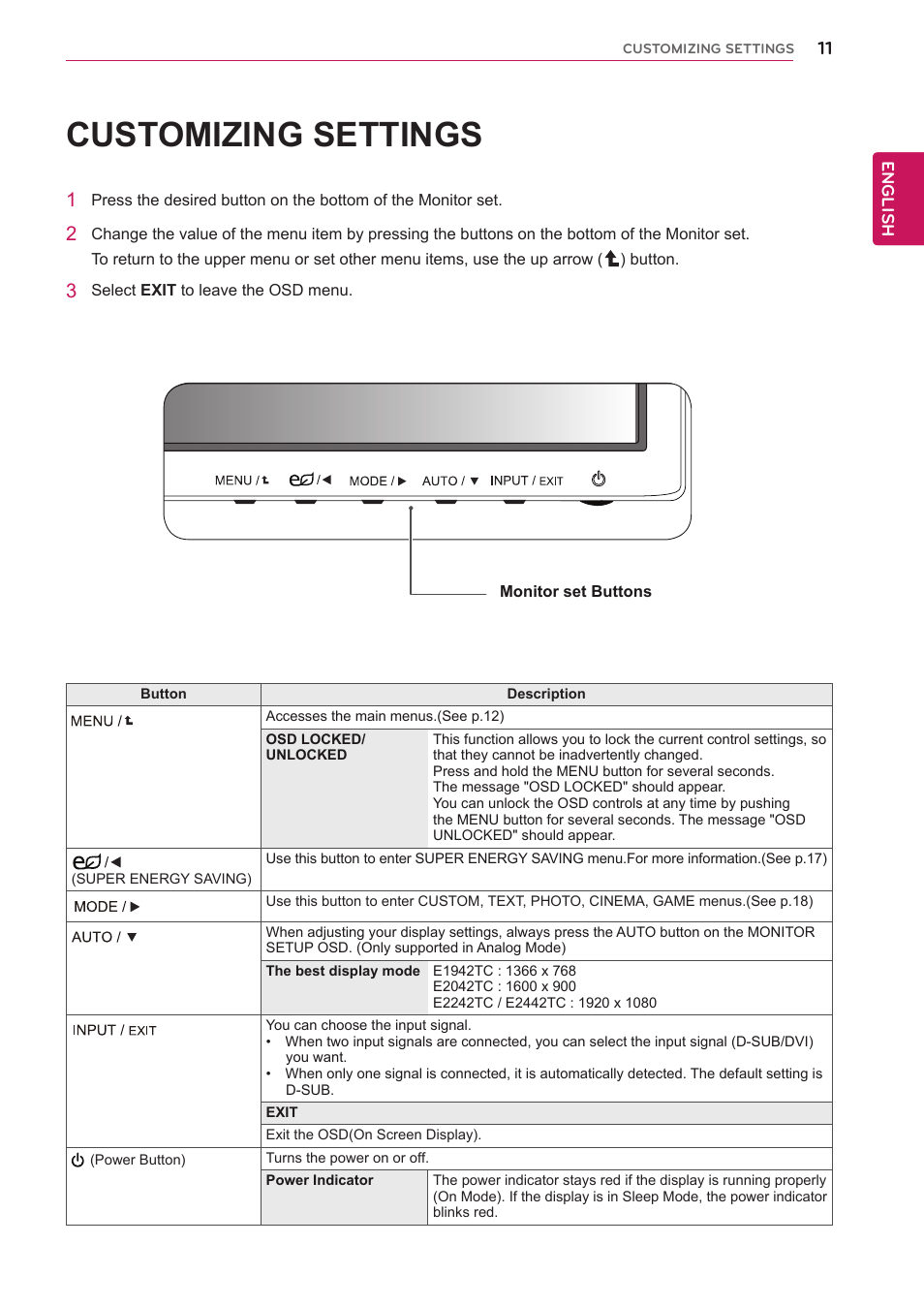 Customizing settings | LG E1942TC-BN User Manual | Page 11 / 28