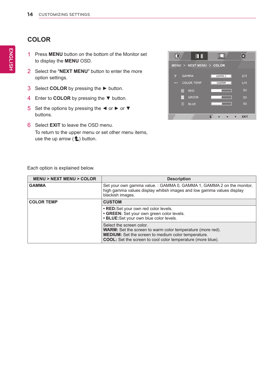 Color | LG E1942TC-BN User Manual | Page 14 / 28