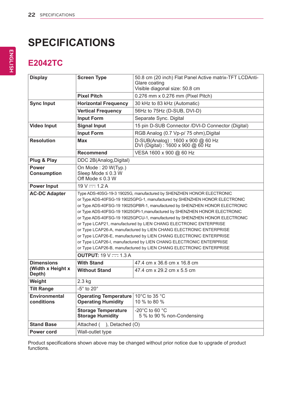 E2042tc, 22 e2042tc, Specifications | LG E1942TC-BN User Manual | Page 22 / 28