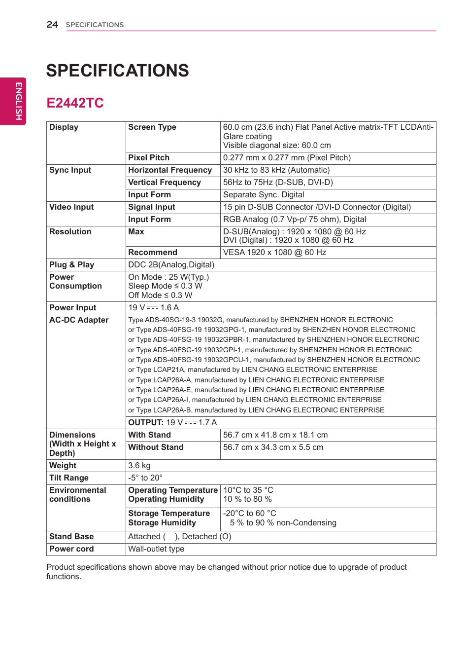 E2442tc, 24 e2442tc, Specifications | LG E1942TC-BN User Manual | Page 24 / 28