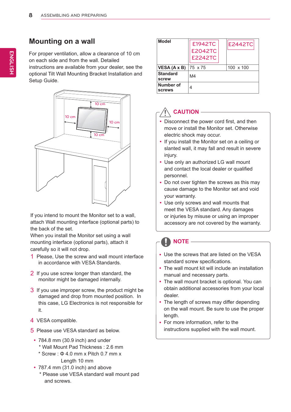 Mounting on a wall | LG E1942TC-BN User Manual | Page 8 / 28