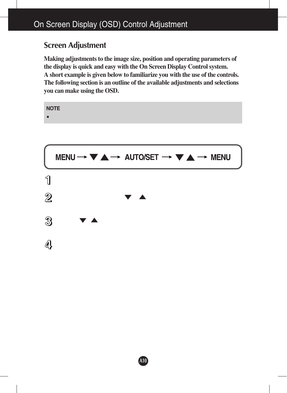 On screen display (osd) control adjustment, Screen adjustment | LG L1942TE-BF User Manual | Page 11 / 25