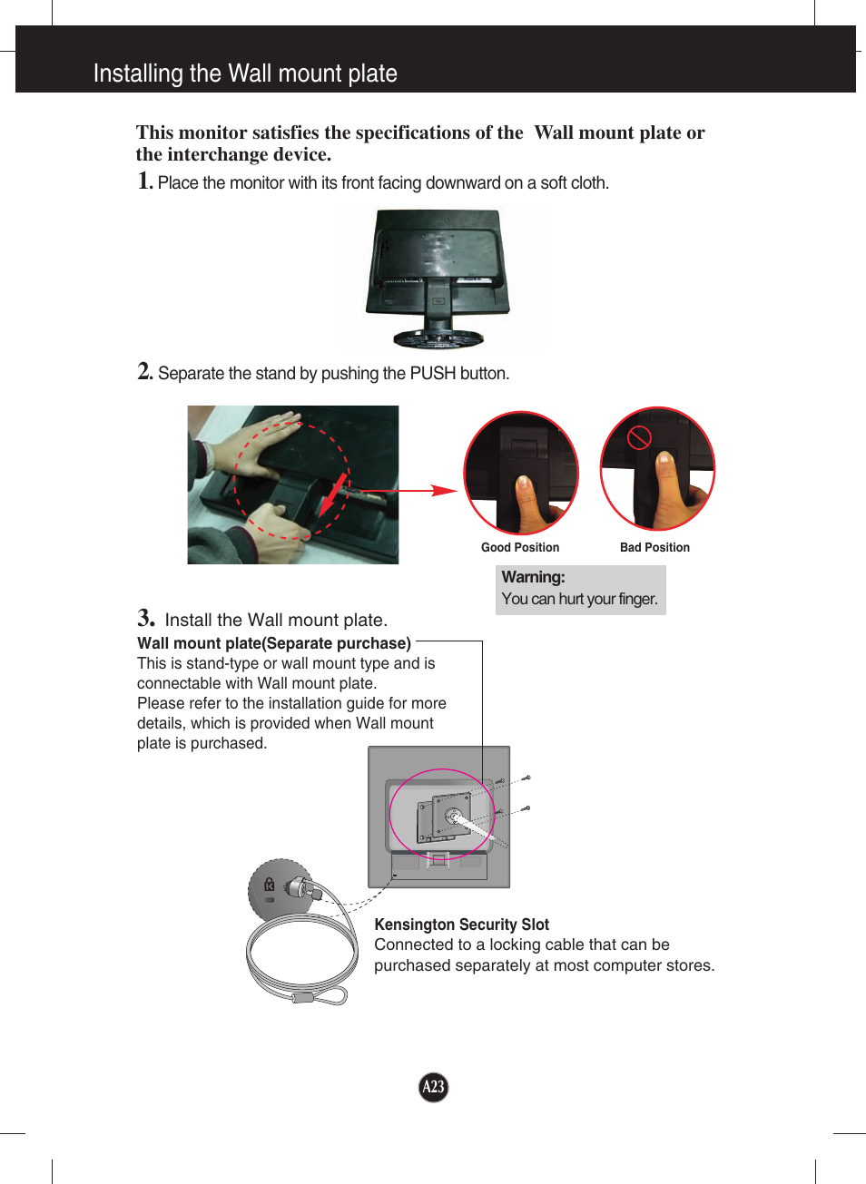Installing the wall mount plate | LG L1942TE-BF User Manual | Page 24 / 25