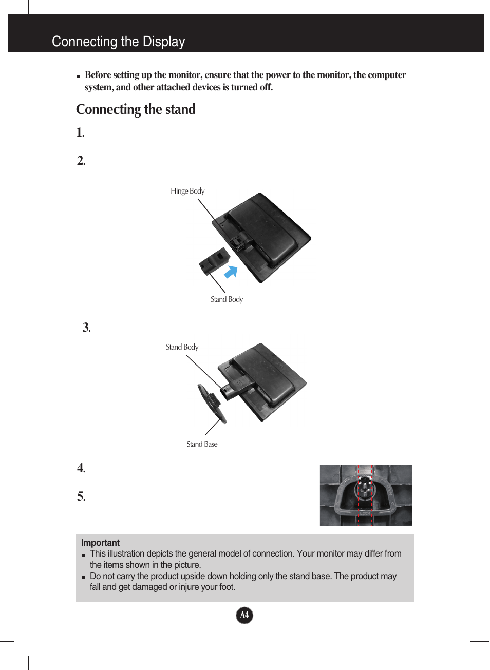 Connecting the display, Connecting the stand | LG L1942TE-BF User Manual | Page 5 / 25