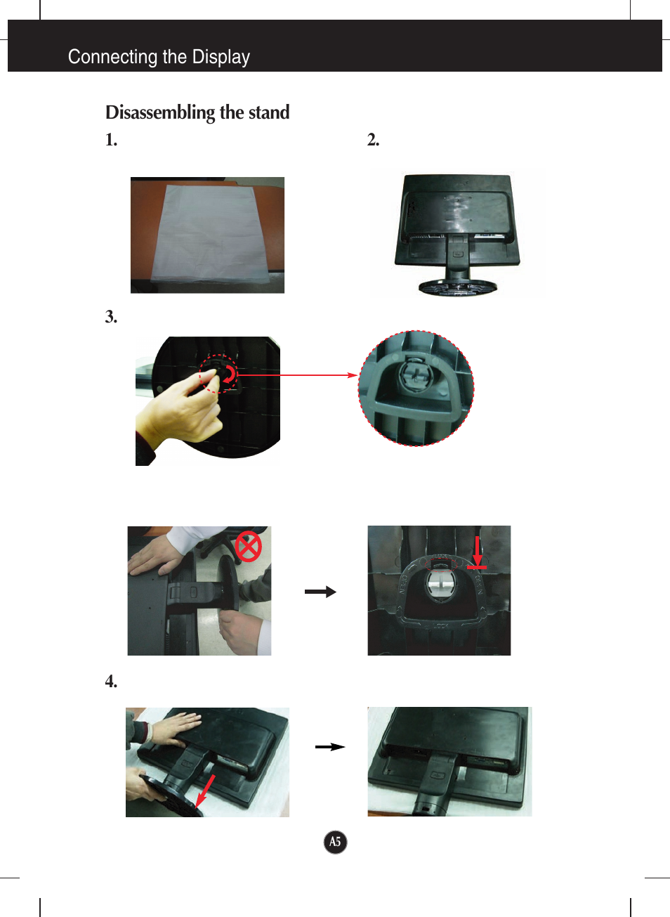 Disassembling the stand, Connecting the display disassembling the stand | LG L1942TE-BF User Manual | Page 6 / 25