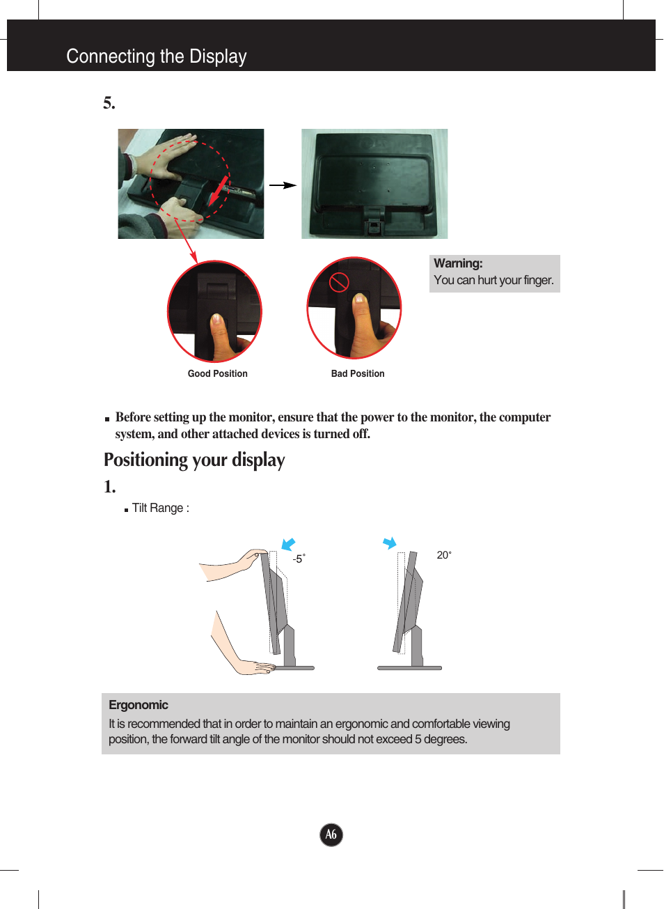Positioning your display, Connecting the display | LG L1942TE-BF User Manual | Page 7 / 25