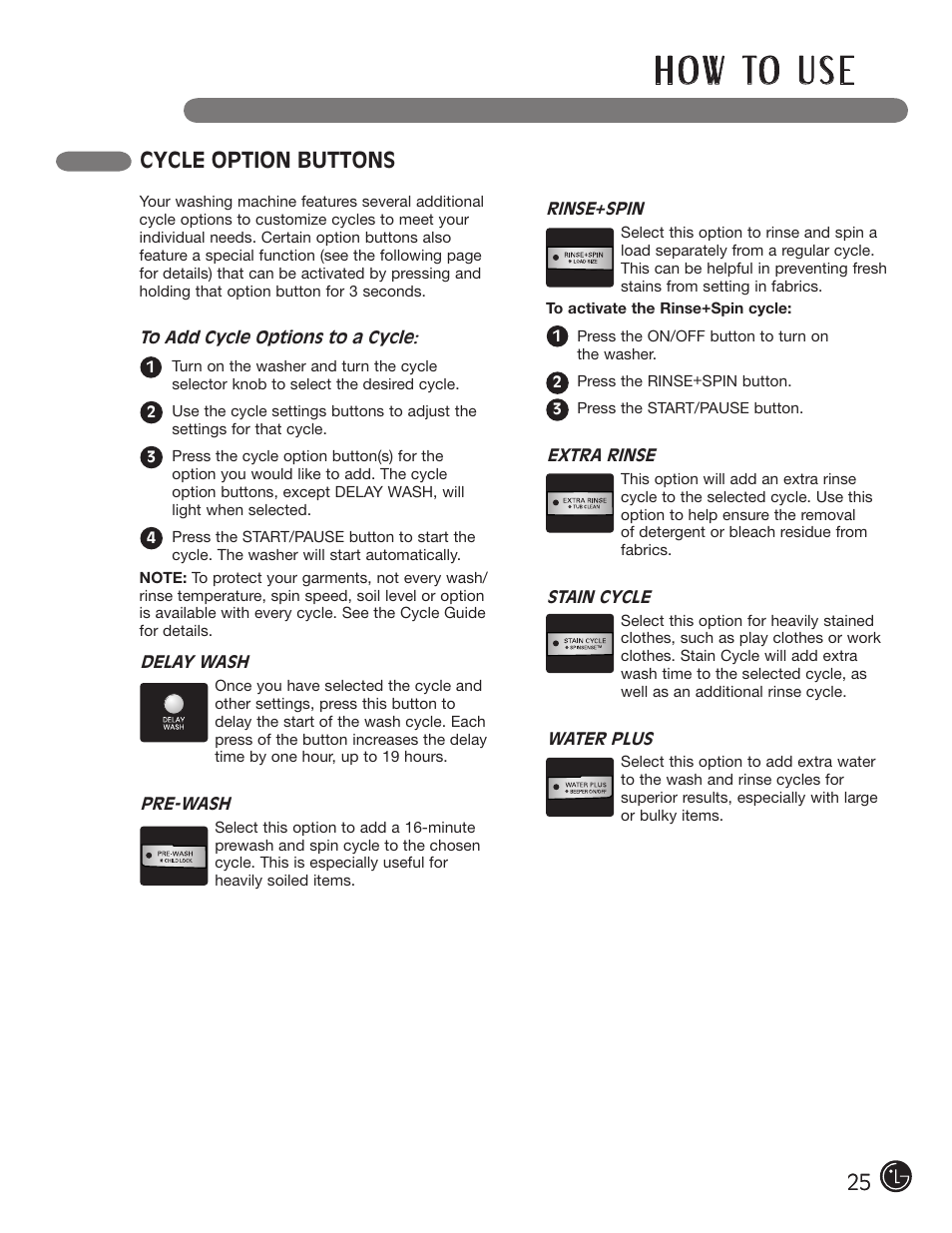 H o w to u s e, Cycle option buttons | LG WM2501HWA User Manual | Page 25 / 108