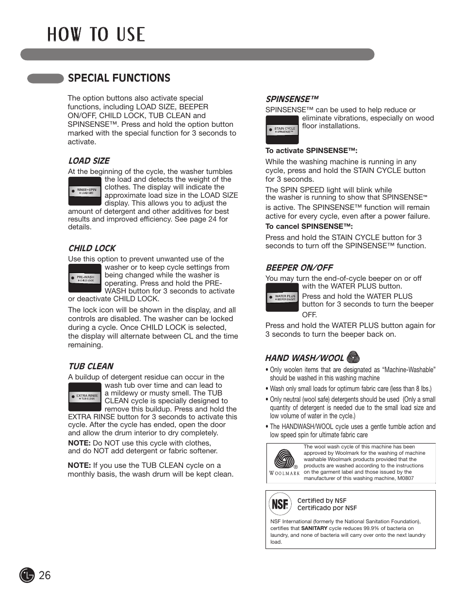 H o w to u s e, Special functions | LG WM2501HWA User Manual | Page 26 / 108