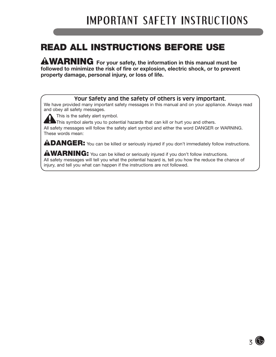 Wwarning, Read all instructions before use | LG WM2501HWA User Manual | Page 3 / 108