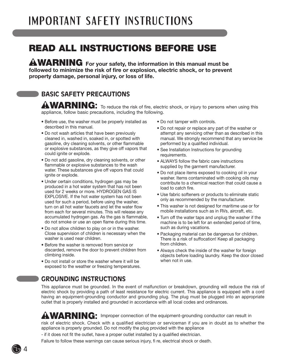 Wwarning, Read all instructions before use, Basic safety precautions | Grounding instructions | LG WM2501HWA User Manual | Page 4 / 108