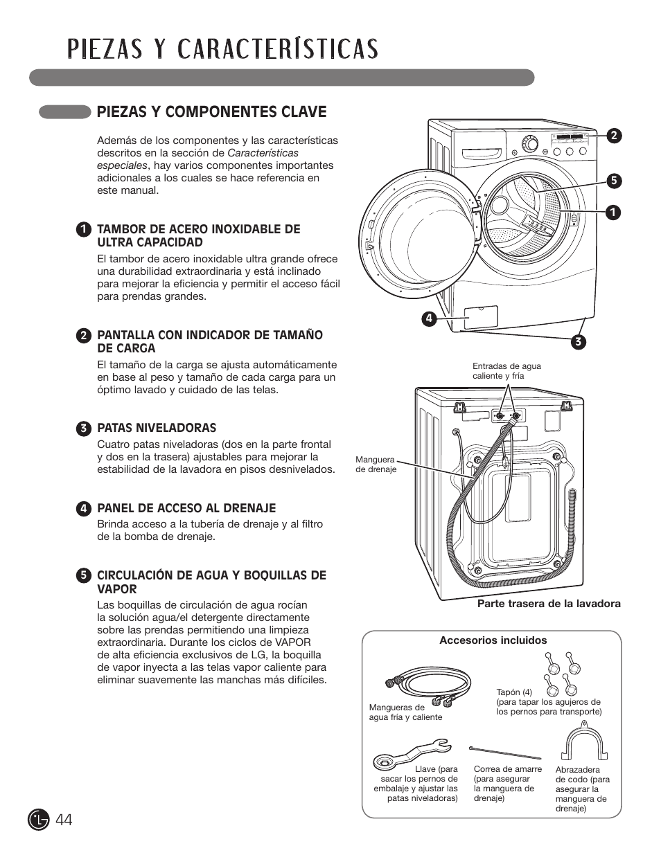 Piezas y componentes clave | LG WM2501HWA User Manual | Page 44 / 108