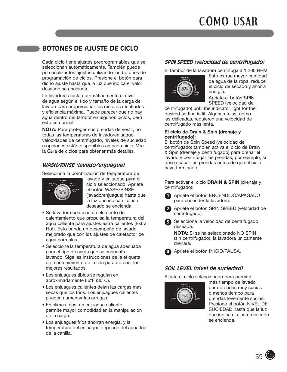 Botones de ajuste de ciclo | LG WM2501HWA User Manual | Page 59 / 108