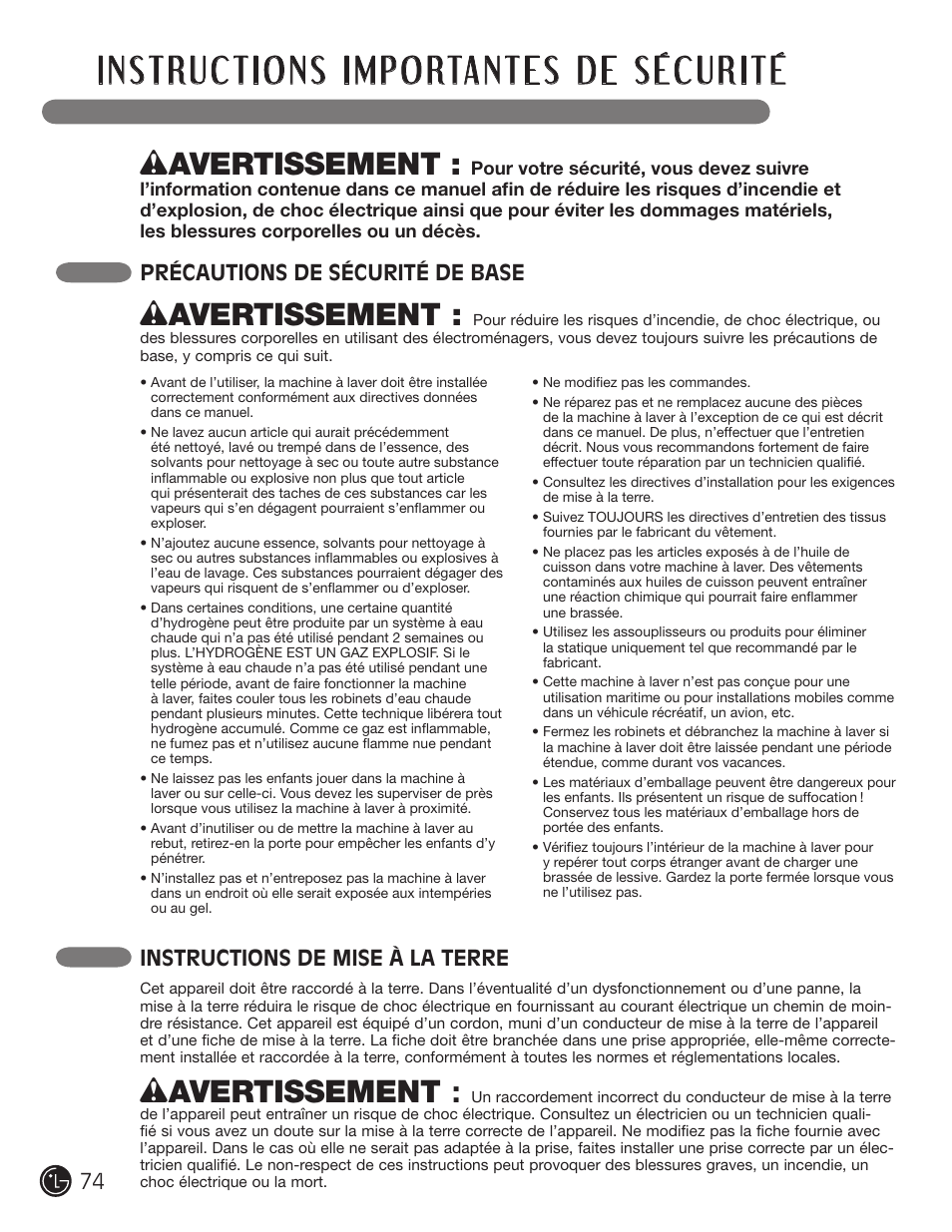 Wavertissement, Instructions de mise à la terre, Précautions de sécurité de base | LG WM2501HWA User Manual | Page 74 / 108