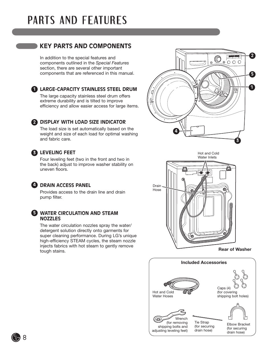 Key parts and components | LG WM2501HWA User Manual | Page 8 / 108