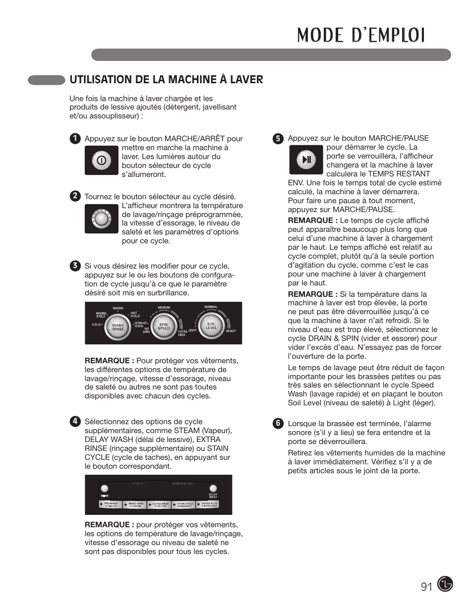 Utilisation de la machine à laver | LG WM2501HWA User Manual | Page 91 / 108