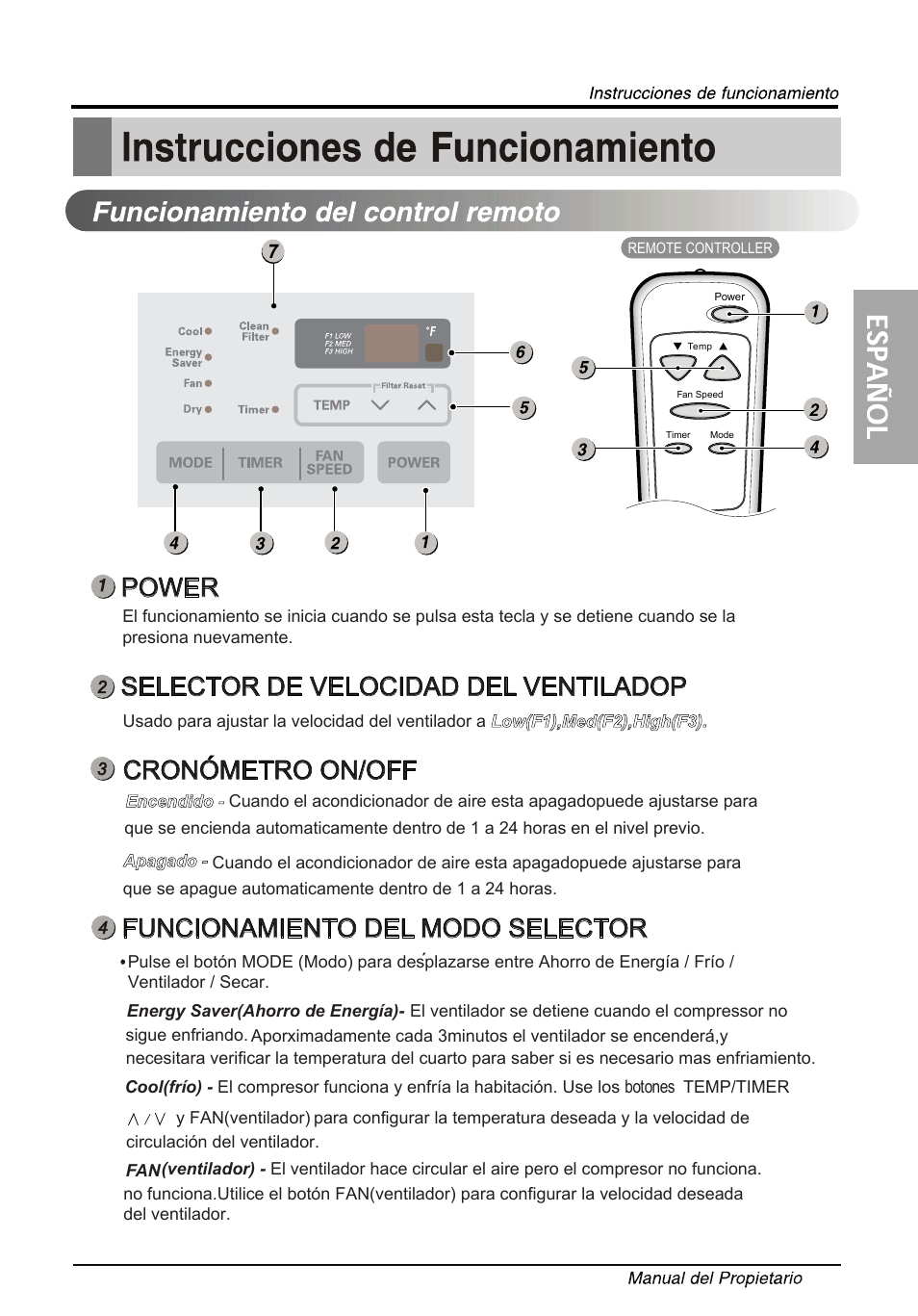 Power, Selector de velocidad del ventiladop, Cronometro on/off | Funcionamiento del modo selector | LG LW1214ER User Manual | Page 39 / 48