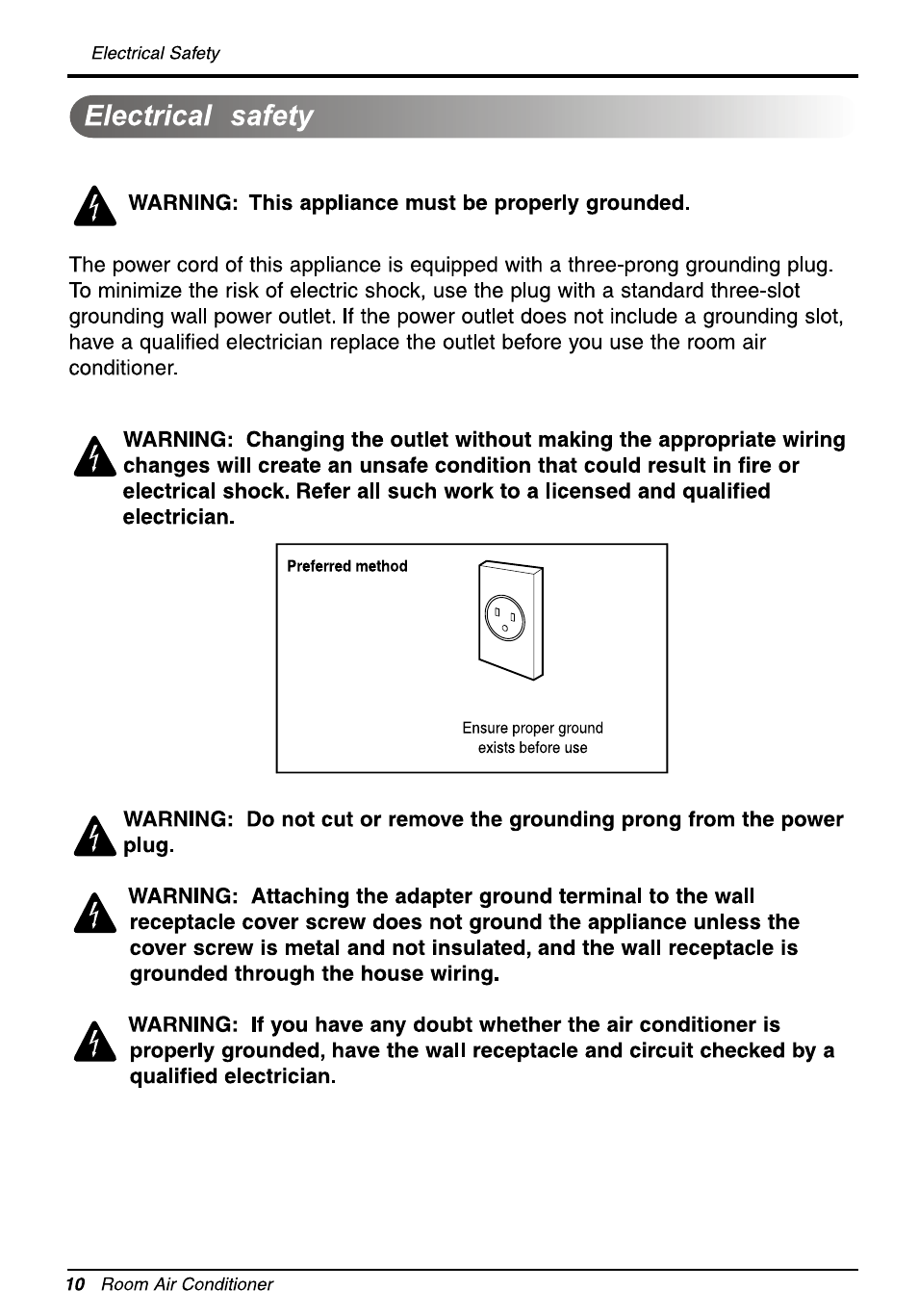 Electrical safety | LG WG5005R User Manual | Page 10 / 44