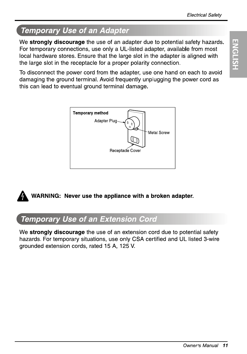 Temporary use of an adapter, Temporary use of an extension cord, Temporary use of an | Extension cord | LG WG5005R User Manual | Page 11 / 44