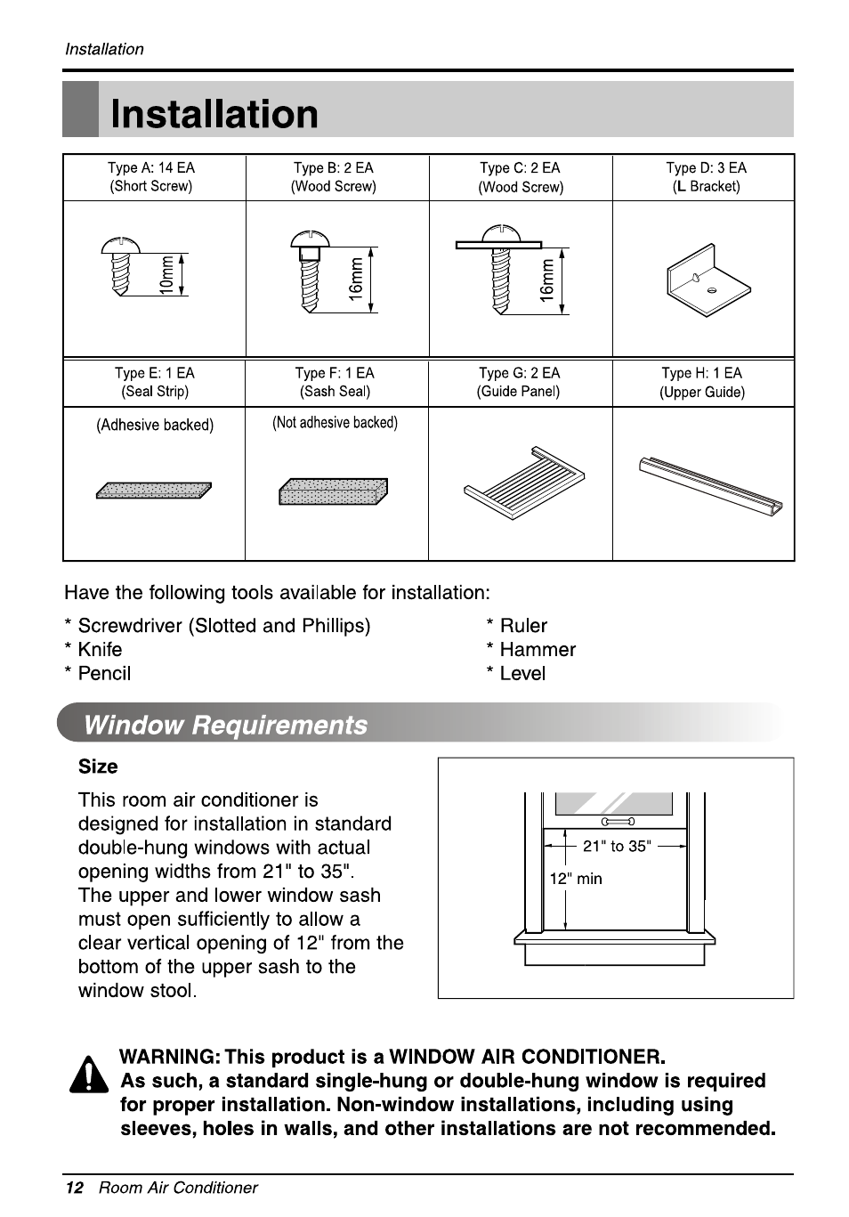 B installation, Window requirements, Size | Warning: this product is a window air conditioner, Installation | LG WG5005R User Manual | Page 12 / 44