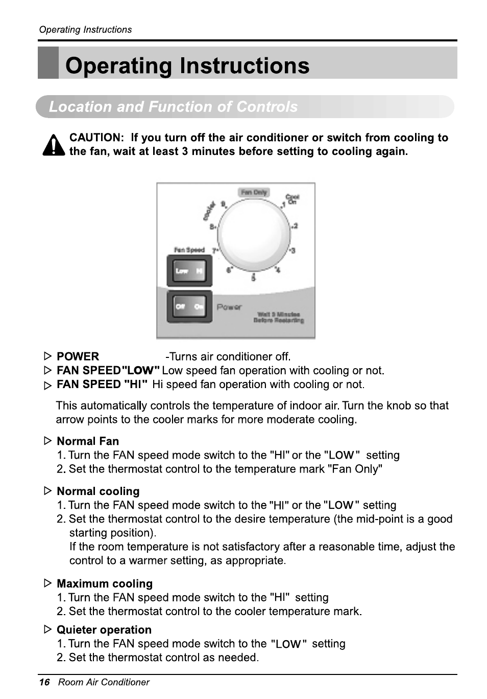 Operating instructions, Location and function, Normal fan | LG WG5005R User Manual | Page 16 / 44