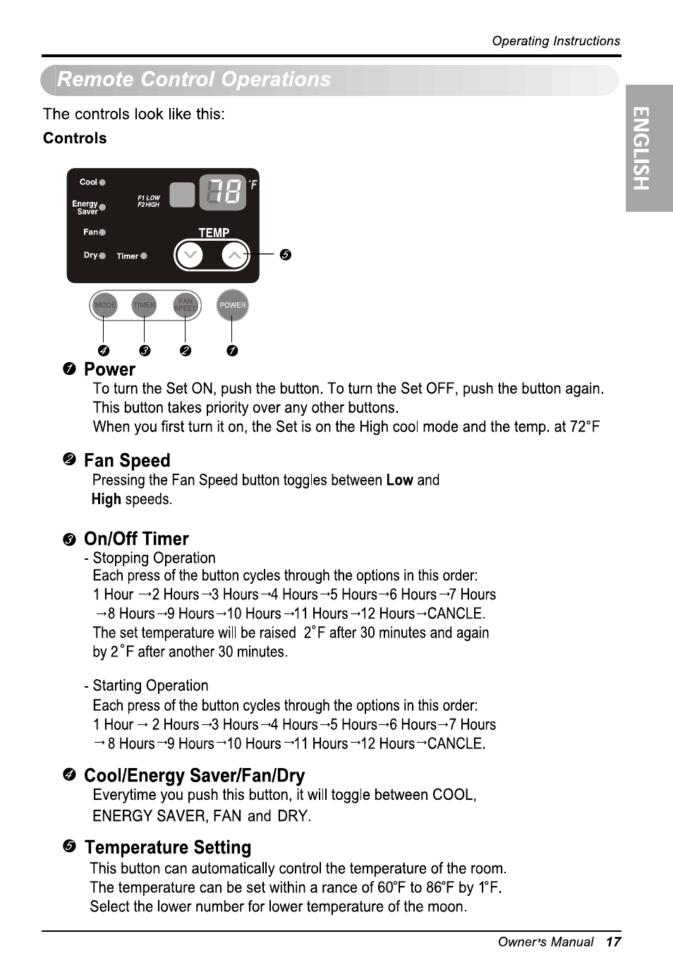 Remote control operations, O power, Q fan speed | On/off timer, O cool/energy saver/fan/dry, Temperature setting | LG WG5005R User Manual | Page 17 / 44