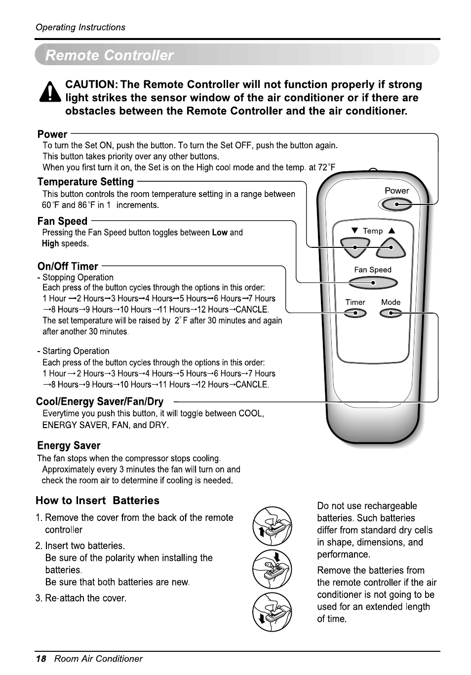 Remote controller, Power, Temperature setting | Fan speed, On/off timer, Cool/energy saver/fan/dry, Energy saver, How to insert batteries | LG WG5005R User Manual | Page 18 / 44