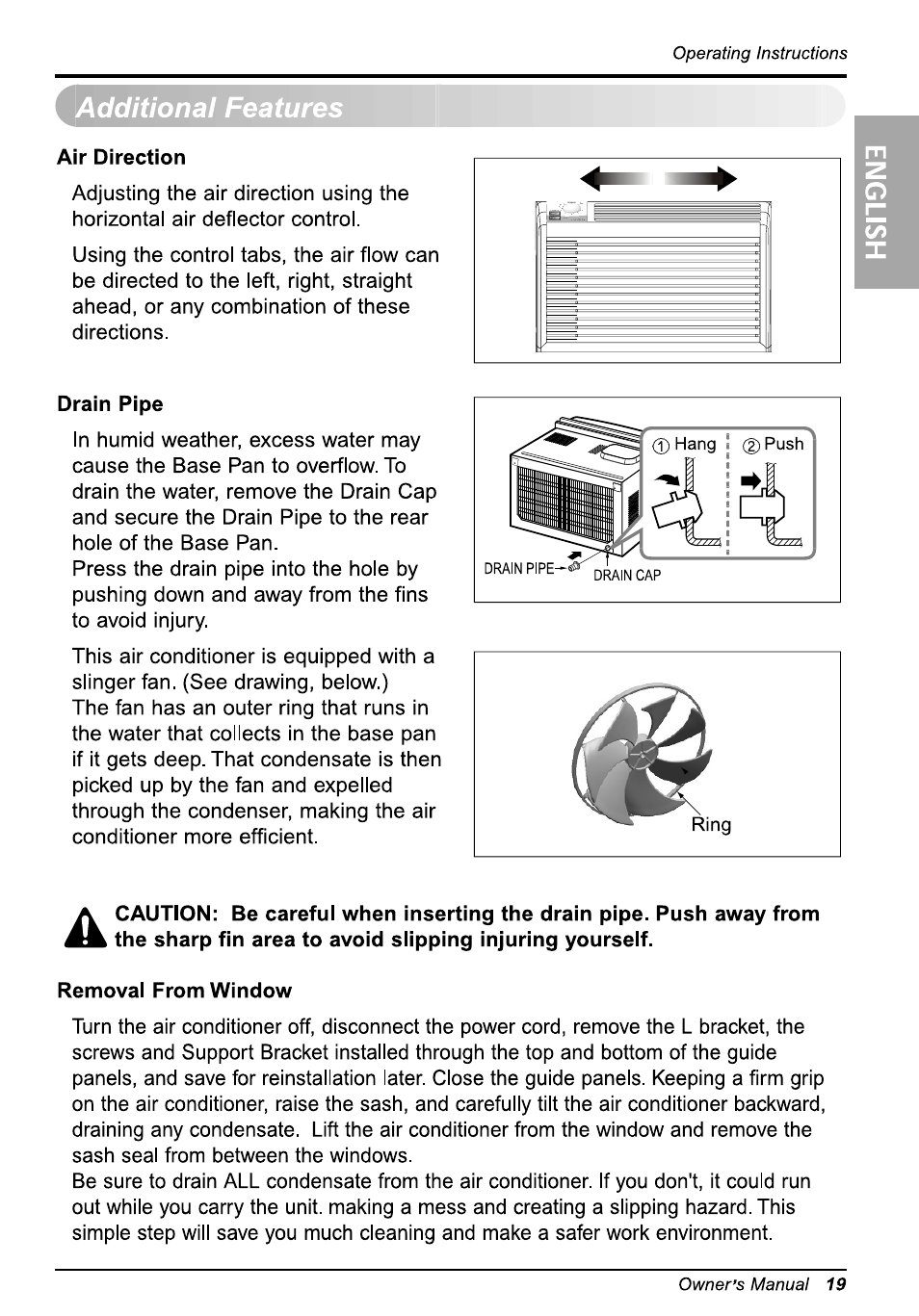 Additional features, Air direction, Drain pipe | Removal from window | LG WG5005R User Manual | Page 19 / 44