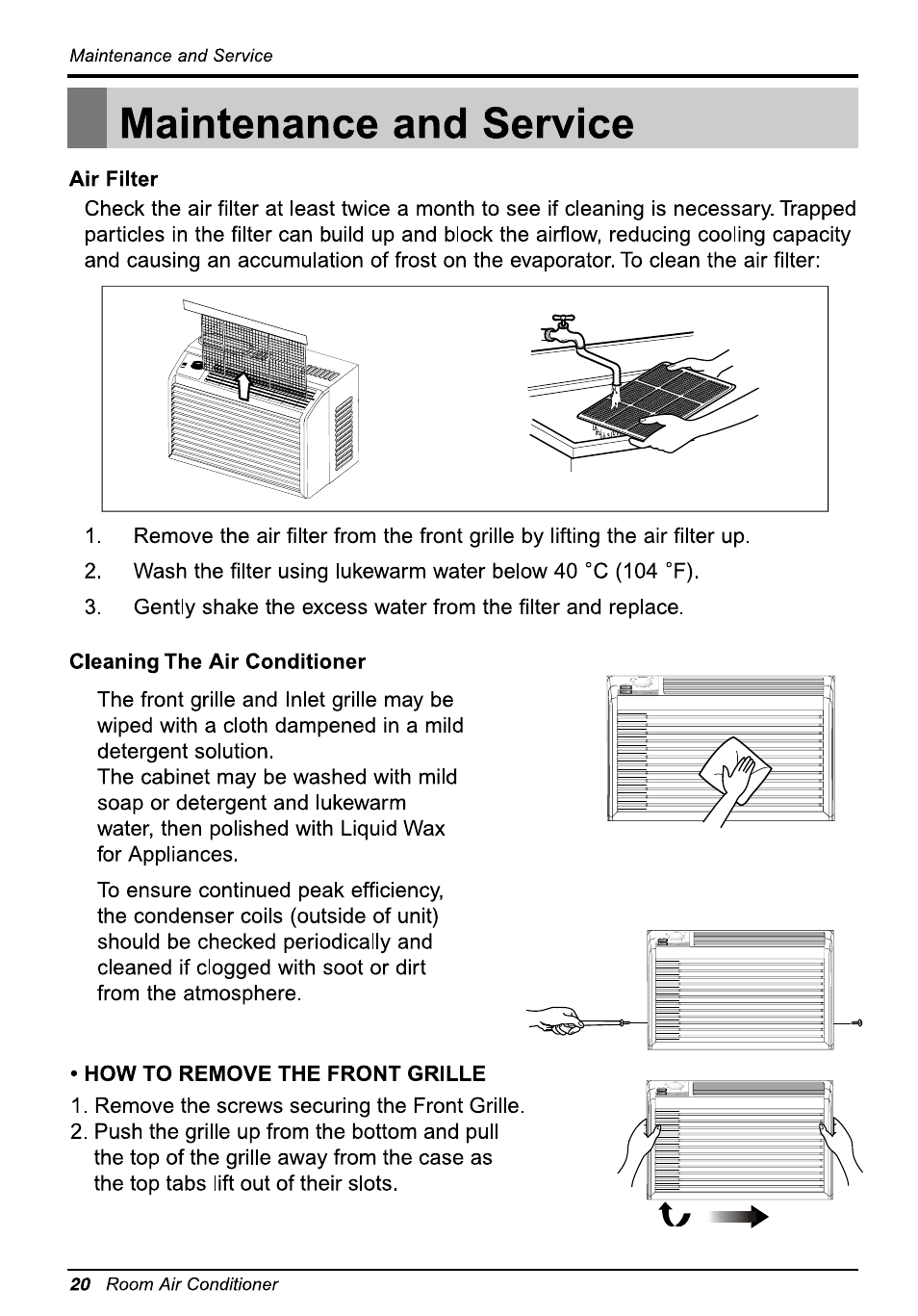 Maintenance and service, Air filter, Cleaning the air conditioner | How to remove the front grille, Cleaning the air conditioner.20 | LG WG5005R User Manual | Page 20 / 44