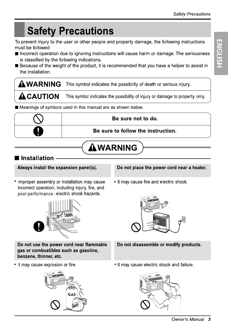 Safety precautions, Installation, Warning | LG WG5005R User Manual | Page 3 / 44