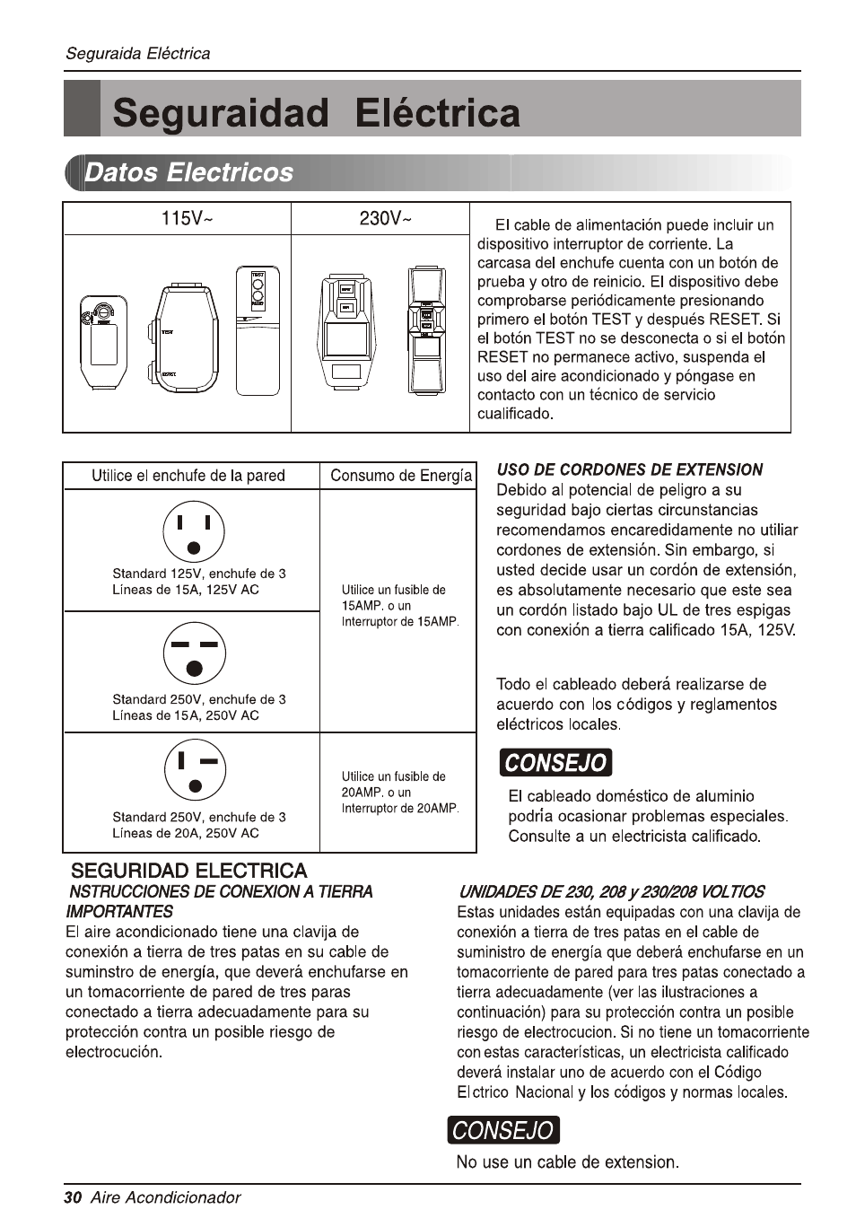 Bseguraidad eléctrica, Datos eléctricos, Consejo | Seguridad eléctrica | LG WG5005R User Manual | Page 30 / 44