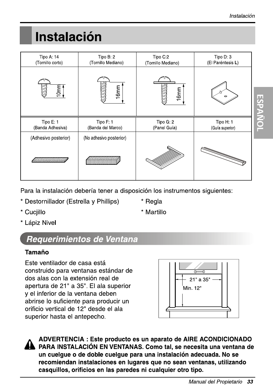 Instalación, Requerimientos de ventana, Tamaño | LG WG5005R User Manual | Page 33 / 44