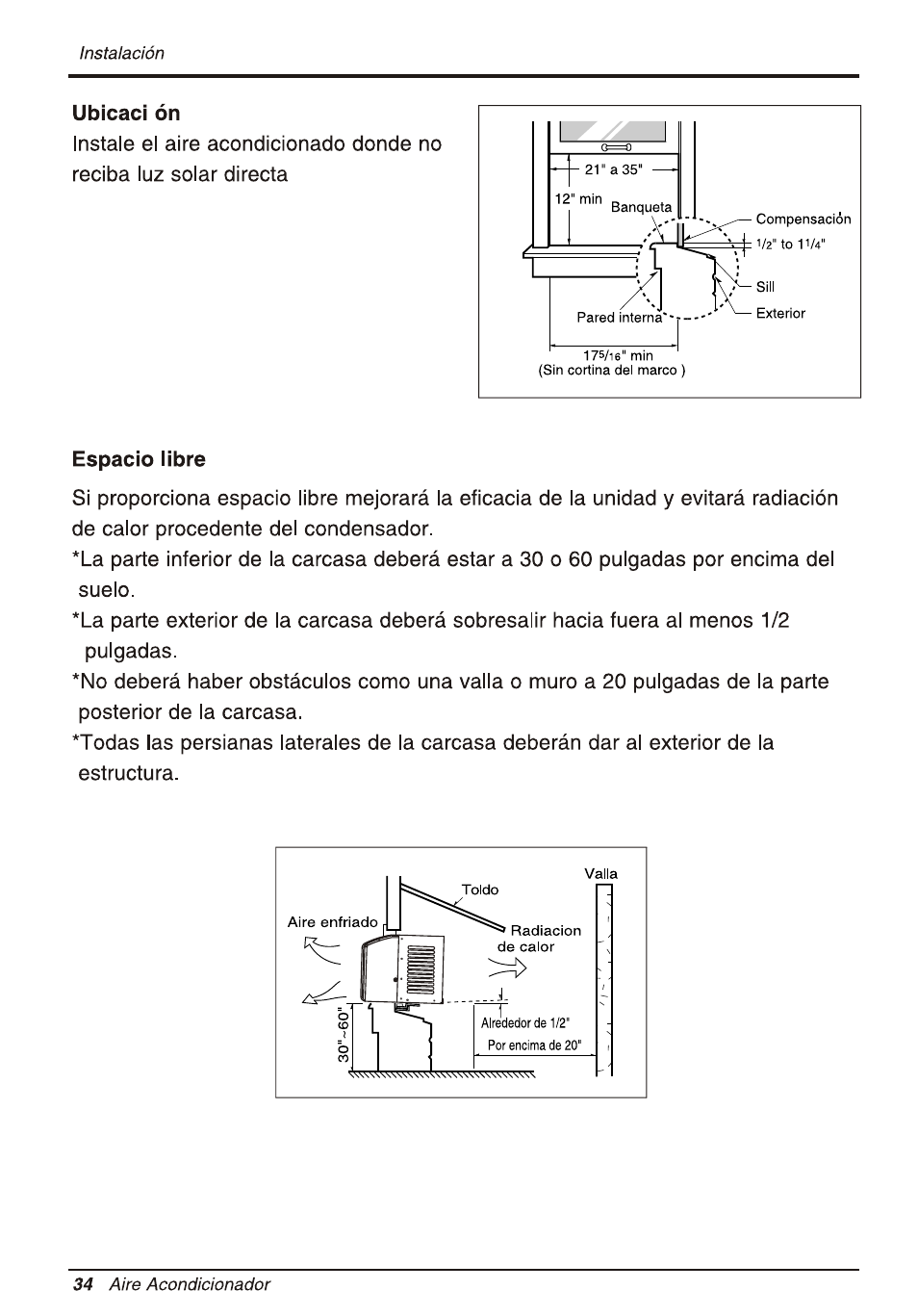 Ubicaci ón, Espacio iibre, Ubicad ón espacio libre | LG WG5005R User Manual | Page 34 / 44