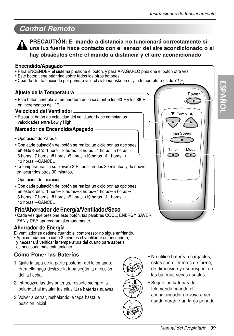 Control remoto, Frío/ahorrador de energía/ventilador/seco, Ajuste de la temperatura | Velocidad del ventilador, Marcador de encendido/apagado, Ahorrador de energía, Cómo poner ias baterías | LG WG5005R User Manual | Page 39 / 44