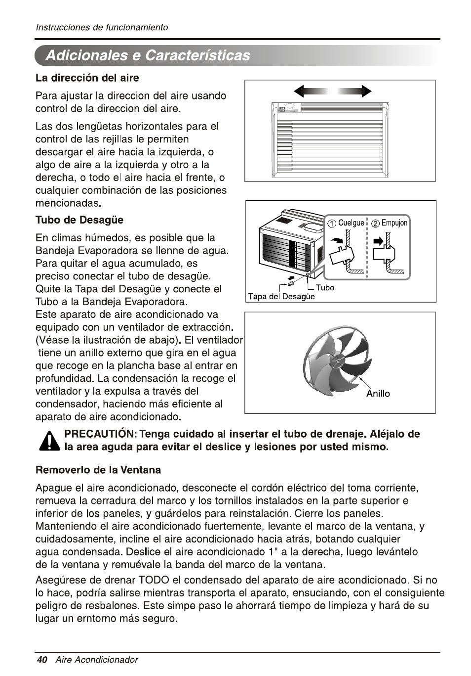 Adicionales e características, La dirección dei aire, Removerlo de la ventana | Adicionales e características.40, La dirección del aire | LG WG5005R User Manual | Page 40 / 44