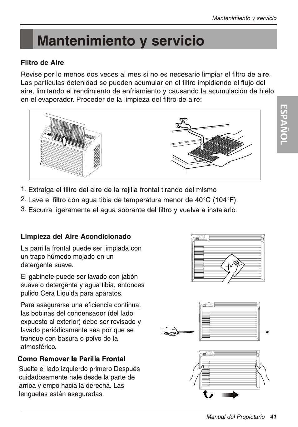 B mantenimiento y servicio, Filtro de aire, Limpieza del aire acondicionado | Como remover la parlila frontal, Mantenimiento y servicio | LG WG5005R User Manual | Page 41 / 44