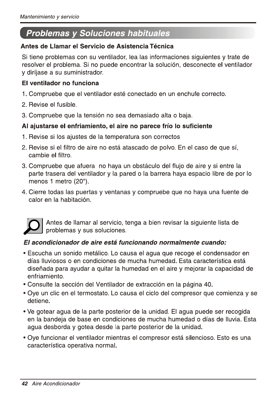 Problemas y soluciones habituales, Antes de llamar el servicio de asistencia técnica, El ventilador no funciona | LG WG5005R User Manual | Page 42 / 44