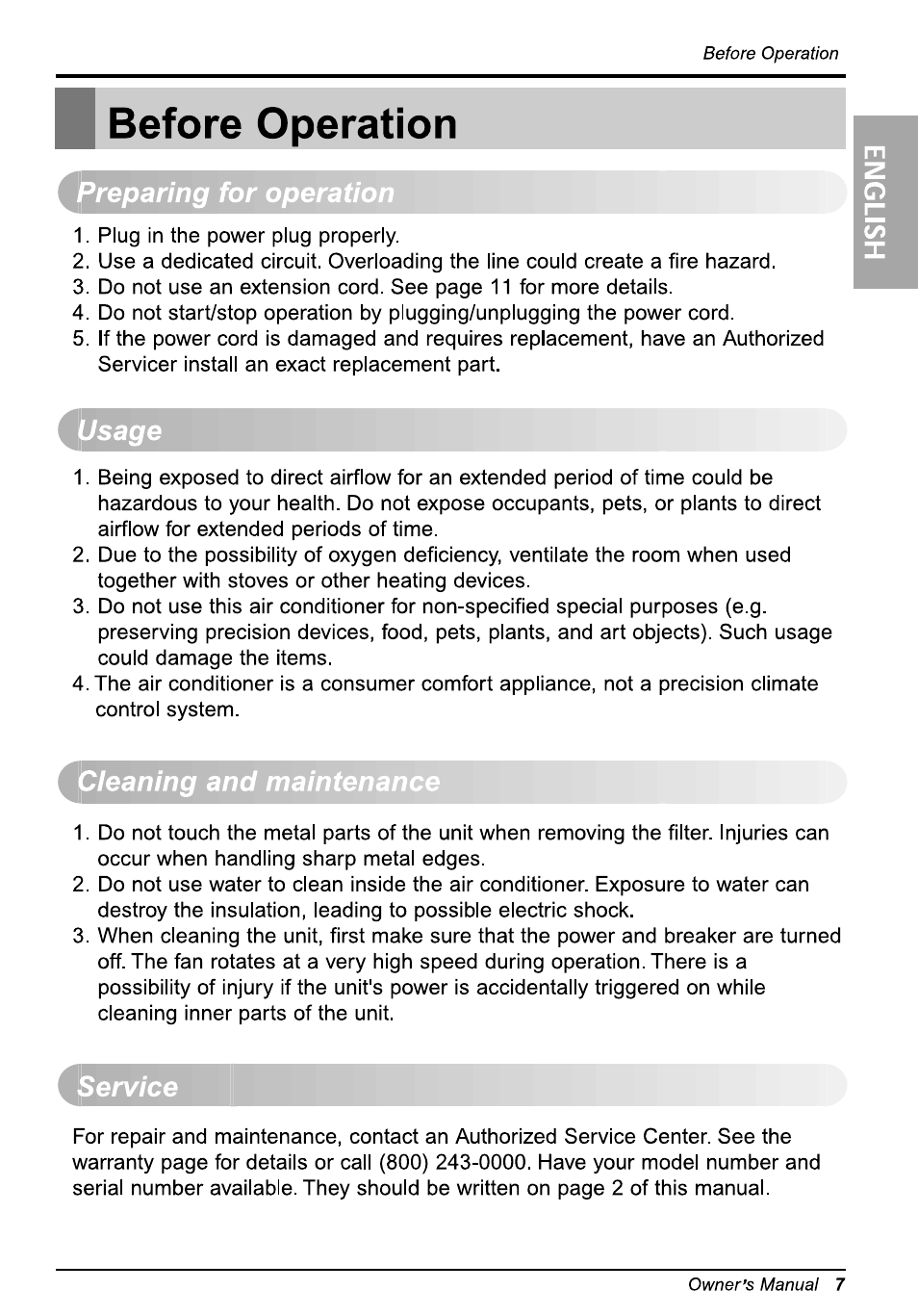 L before operation, Preparing for operation, Usage | Cleaning and maintenance, Service, Before operation | LG WG5005R User Manual | Page 7 / 44