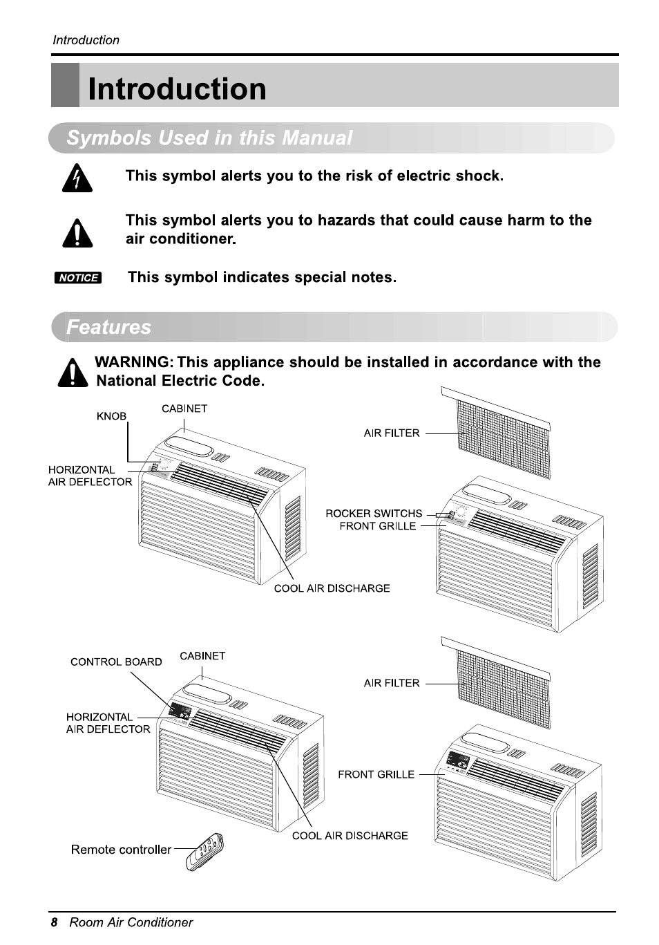 Introduction, Symbols used in this manual, Features | LG WG5005R User Manual | Page 8 / 44