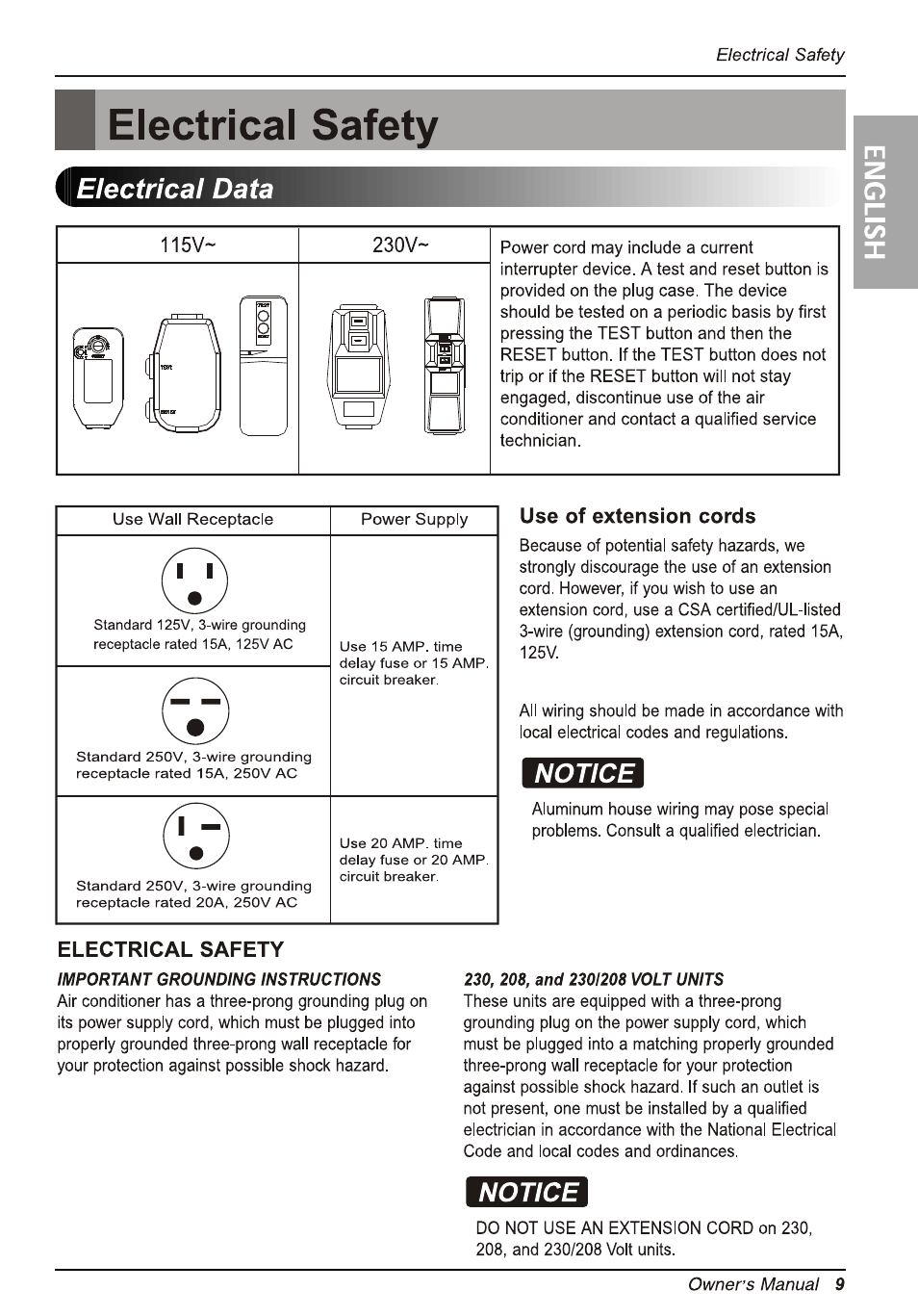 Ш electrical safety, Electrical data, Electrical safety | Use of extension cords, Notice | LG WG5005R User Manual | Page 9 / 44