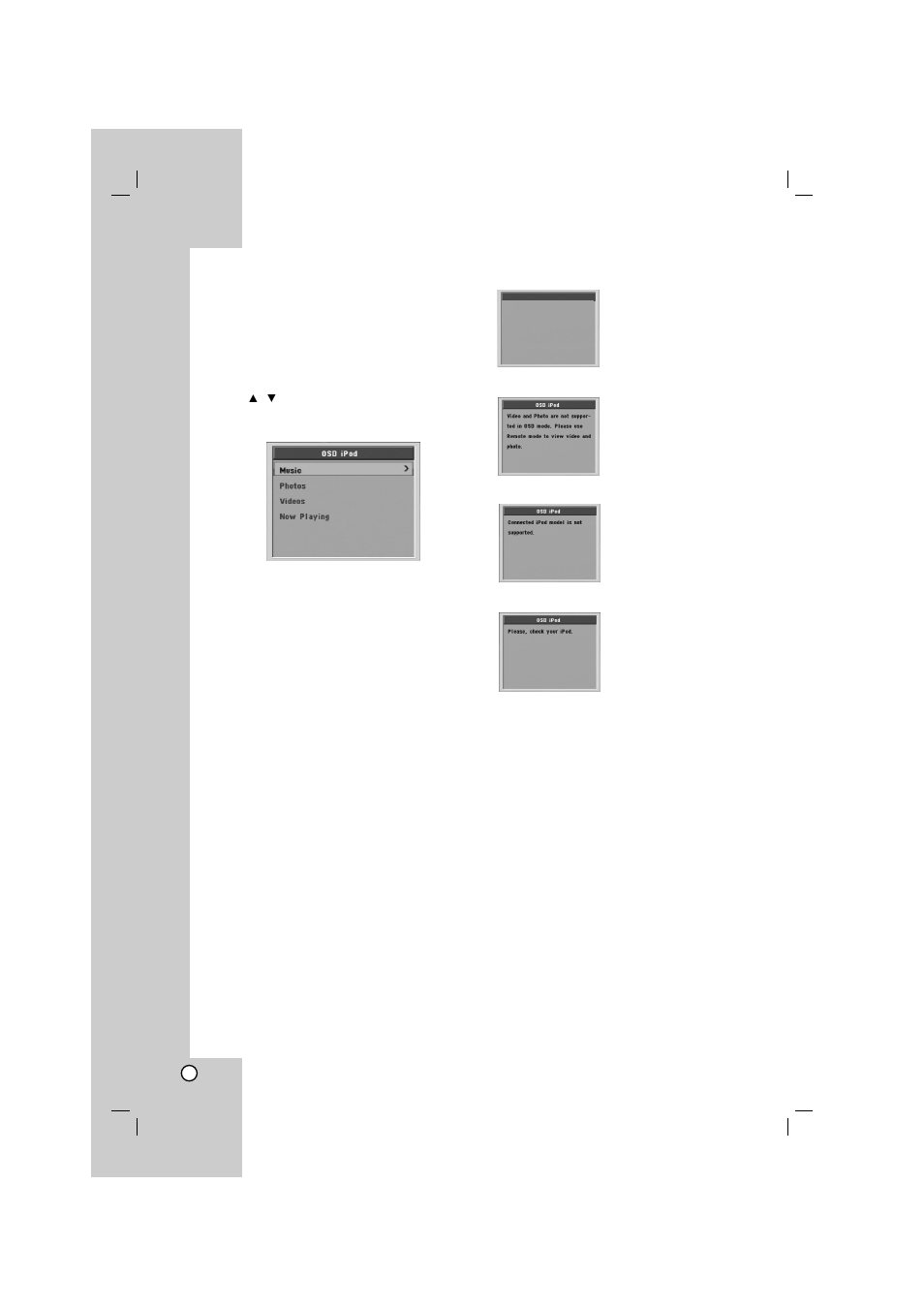 Playing the ipod in the osd ipod mode, Ipod message | LG LHT764 User Manual | Page 30 / 41