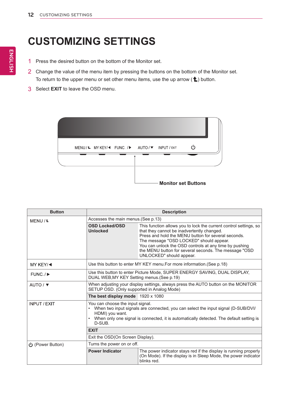 Customizing settings | LG 27EN43V-B User Manual | Page 12 / 32