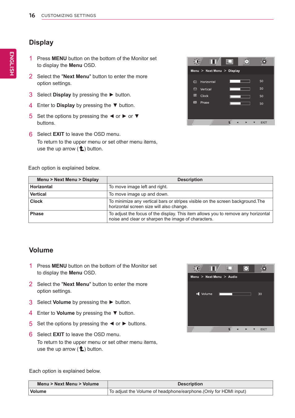 Display, Volume | LG 27EN43V-B User Manual | Page 16 / 32