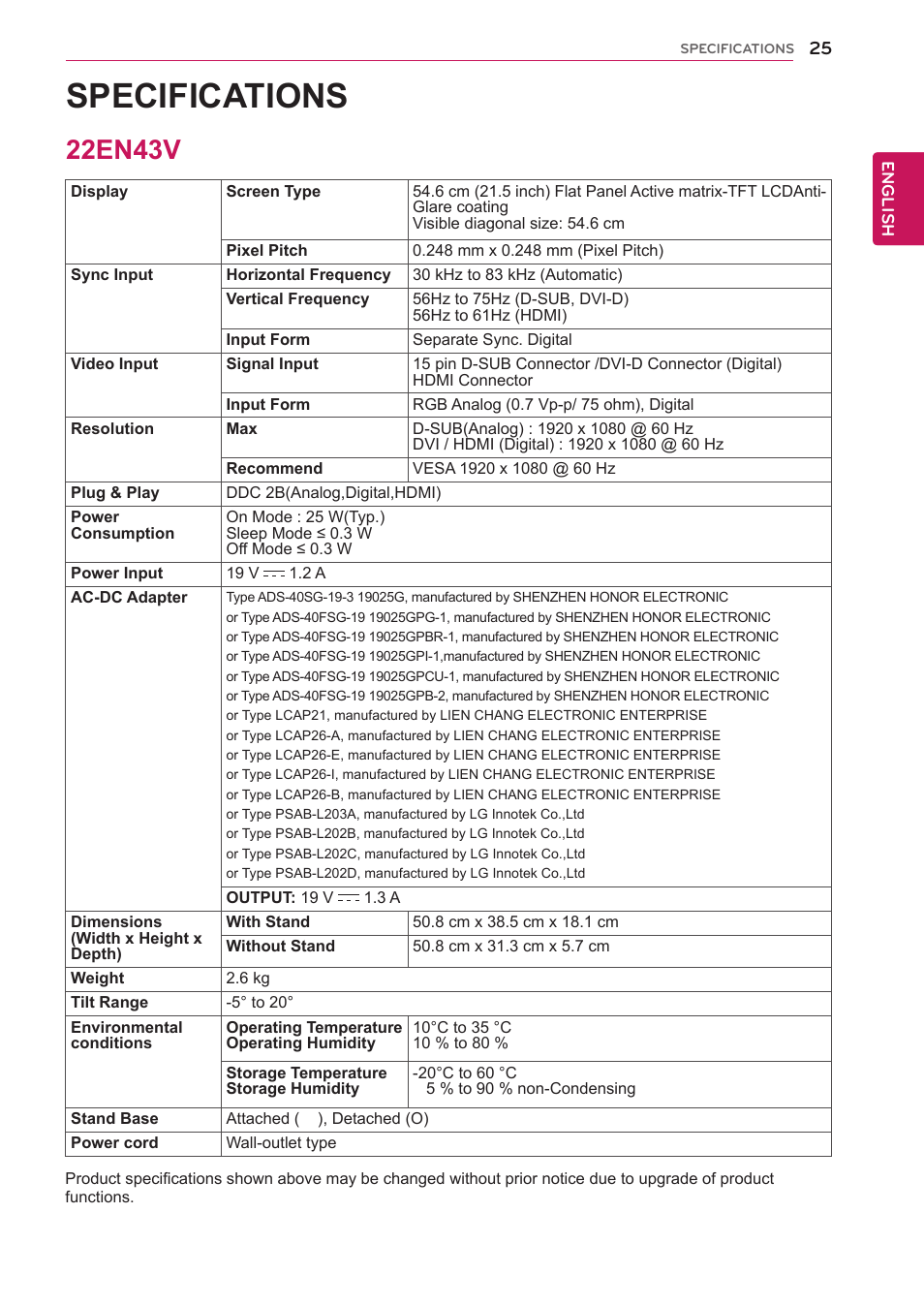 Specifications, 22en43v, 25 22en43v | LG 27EN43V-B User Manual | Page 25 / 32