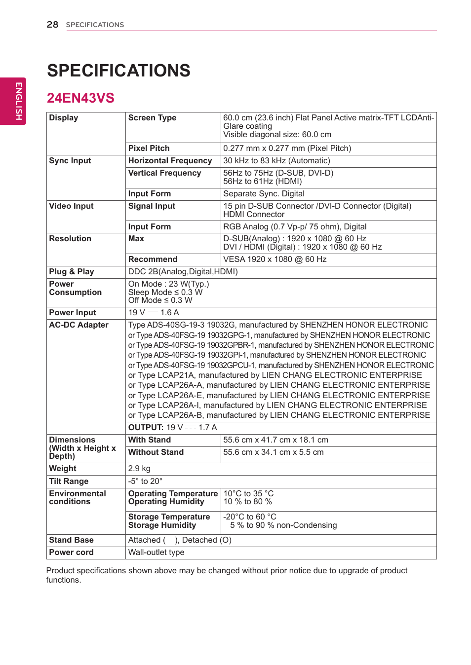 24en43vs, 28 24en43vs, Specifications | LG 27EN43V-B User Manual | Page 28 / 32